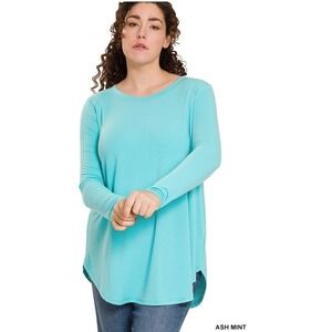 Zenana Plus Long Sleeve Round Neck Top‎ in Ash Mint – Soft & Stretchy Basic